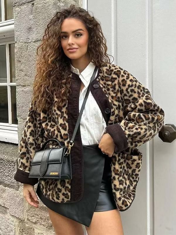 Outerwear |   Leopard Jacket Pockets Buttons Casual Fall Spring Jackets For Women Clothing Outerwear