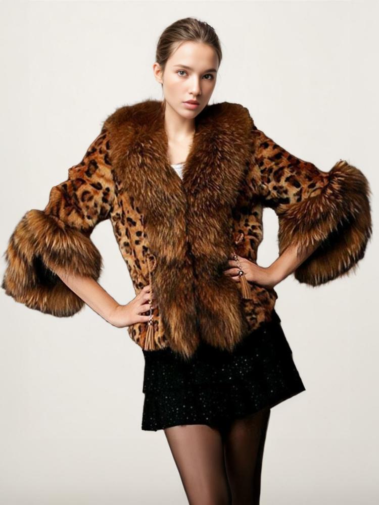 Outerwear |   Leopard Print Coat V-Neck Faux Fur Trim Oversized Winter Outerwear Clothing Outerwear