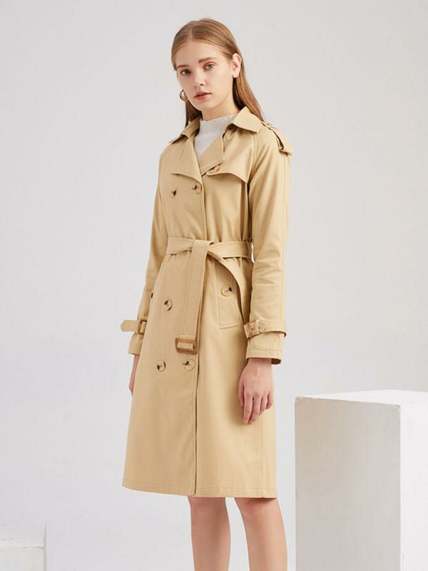 Outerwear |   Long Trench Coat Khaki Turndown Collar Long Sleeves Lapel Classic Double Breasted Spring Fall Street Outwear For Women Clothing Outerwear