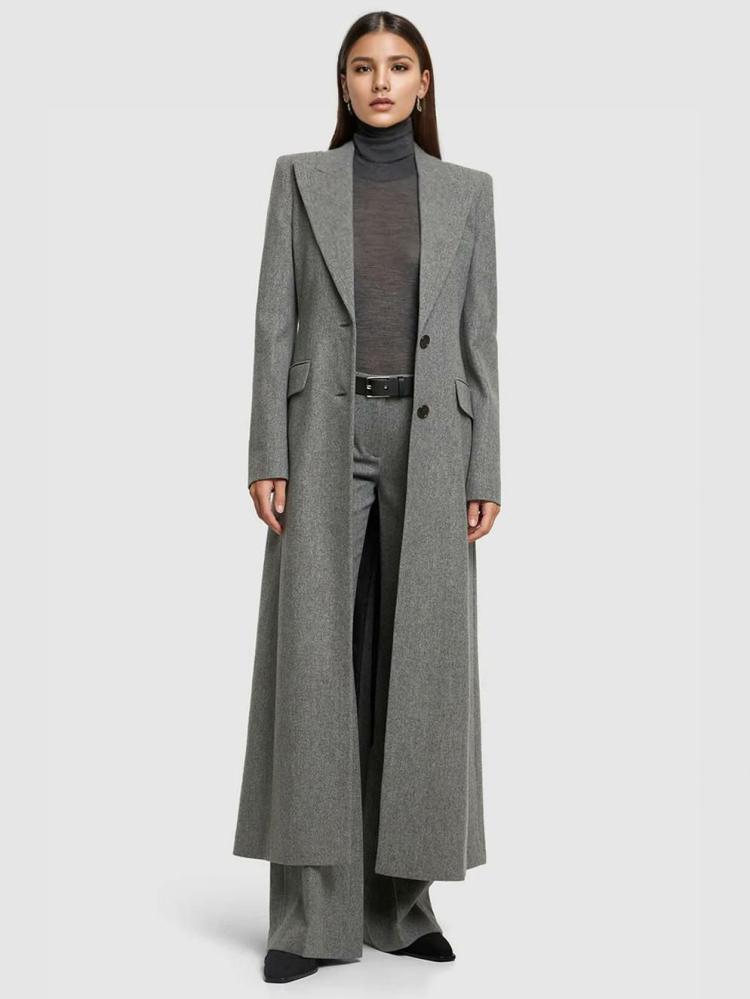 Outerwear |   Longline Woolen Overcoat Padded Shoulder Single Breast Outerwear In Gray Clothing Outerwear