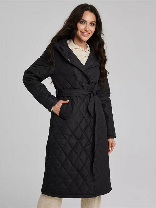 Outerwear |   Mid Length Quilted Coat Hooded Quilting Belted Classic Winter Outerwear Clothing Outerwear