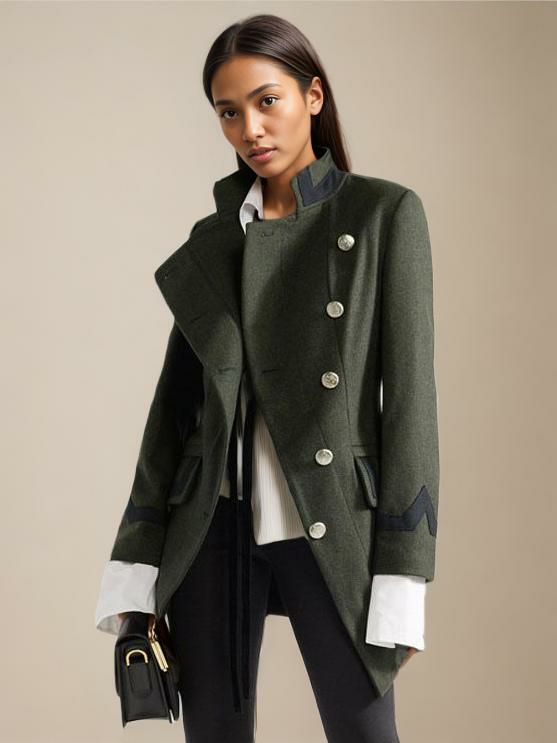 Outerwear |   Military Wool Coat Women Asymmetrical Buttons Pockets Hunter Green Long Sleeve Winter Coat Cozy Active Outerwear Clothing Outerwear