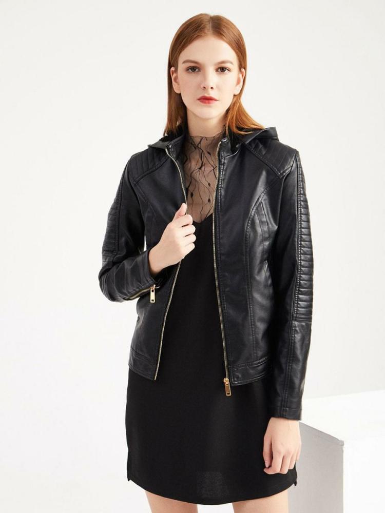 Outerwear |   Moto Jacket For Women PU Leather Hooded Spring Outerwear 2024 Clothing Outerwear