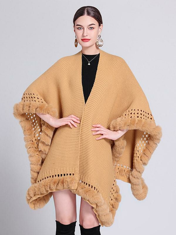 Outerwear |   Oversized Poncho V-Neck Cut Out Fringe Trim Solid Color Cape Clothing Outerwear