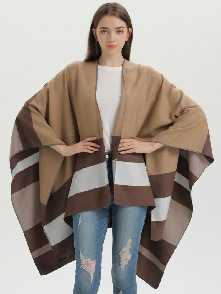 Outerwear |   Oversized Women Cape Stripes Color Block Fall Winter Poncho Clothing Outerwear