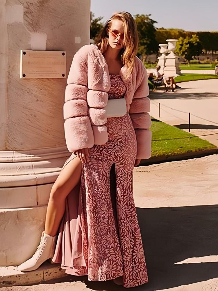 Outerwear |   Pink Faux Fur Coats Long Sleeves Qualited Oversized Winter Outerwear Clothing Outerwear