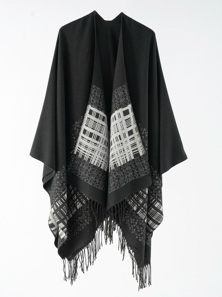 Outerwear |   Plaid Poncho Spring Fall Daily Casual With Fringe Clothing Outerwear