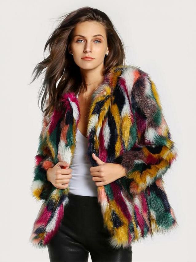 Outerwear |   Plush Faux Fur Coat Color Block Winter Outerwear For Women Clothing Outerwear