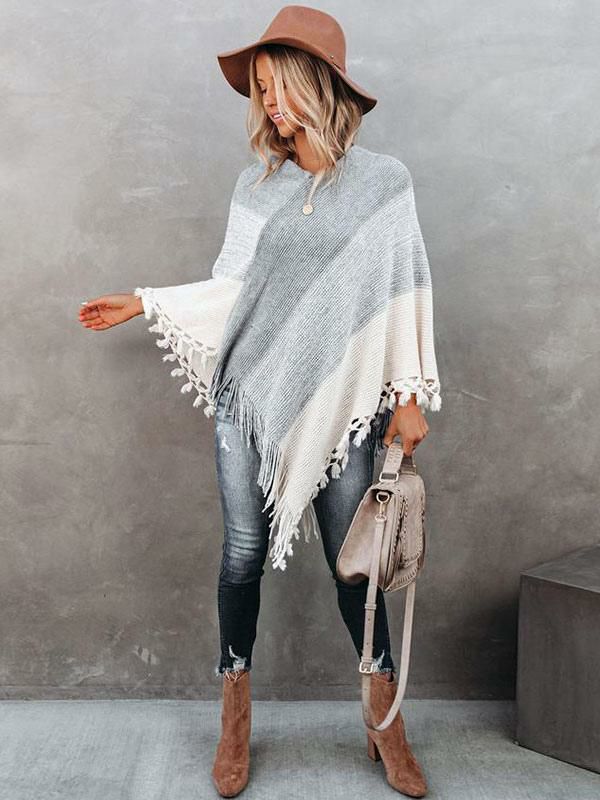 Outerwear |   Poncho V-Neck Grey Layered Fringe Cape Spring Outerwear Clothing Outerwear