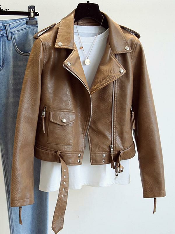 Outerwear |   PU Leather Jacket Turndown Collar Spring Moto Outerwear For Women Clothing Outerwear