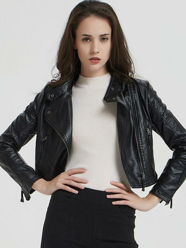 Outerwear |   PU Leather Moto Jacket Stand Collar Boyfriend Spring Outerwear for Women Clothing Outerwear