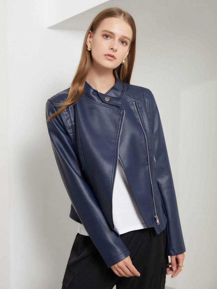 Outerwear |   PU Leather Moto Jacket Stand Collar Spring Biker Outerwear For Women Clothing Outerwear