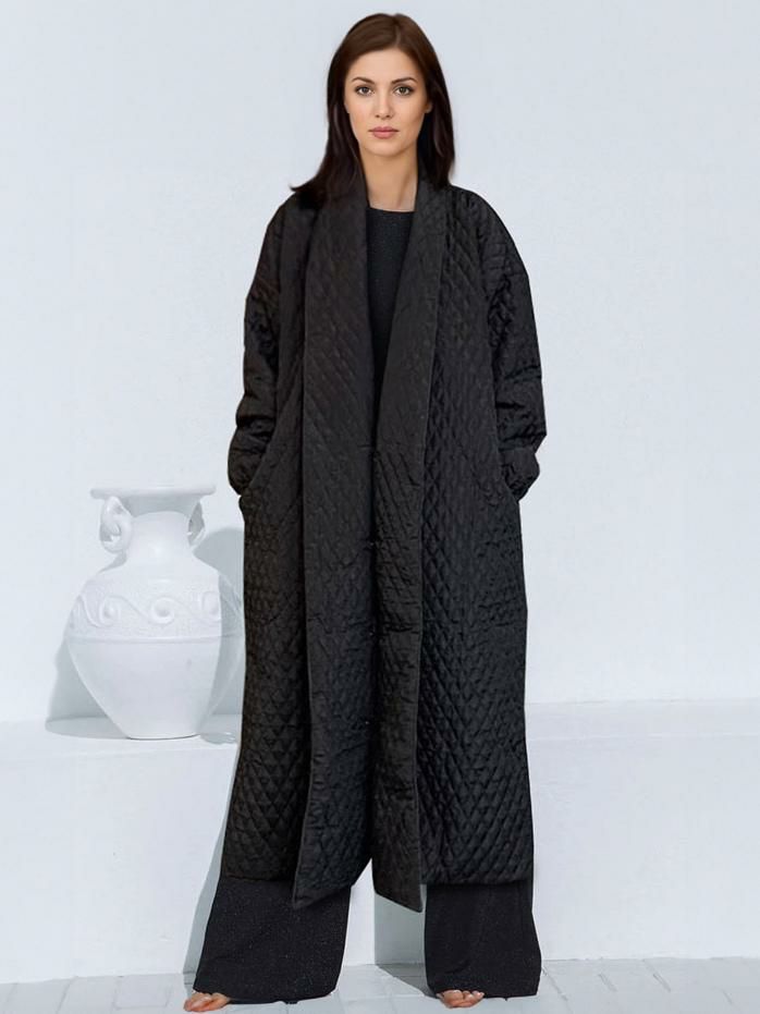 Outerwear |   Quilted Coats Black Turndown Collar Long Sleeves Oversized Outerwear Clothing Outerwear