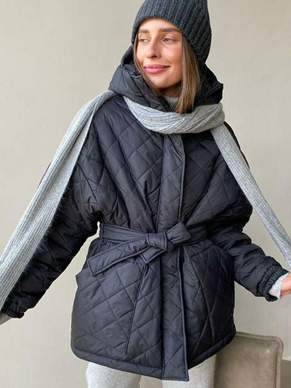 Outerwear |   Quilted jacket Hooded Belted Cotton Filling Winter Outerwear For Women Clothing Outerwear