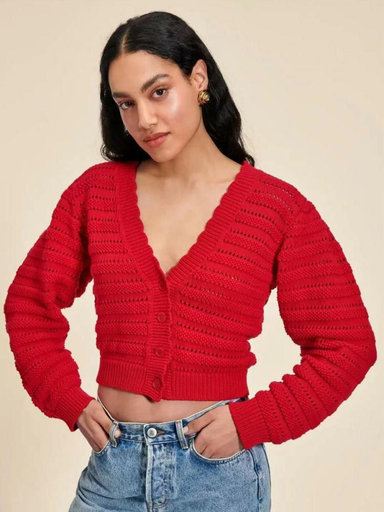 Outerwear |   Red Sweater V-Neck Long Sleeves Hallow Short Sweaters For Women Clothing Outerwear