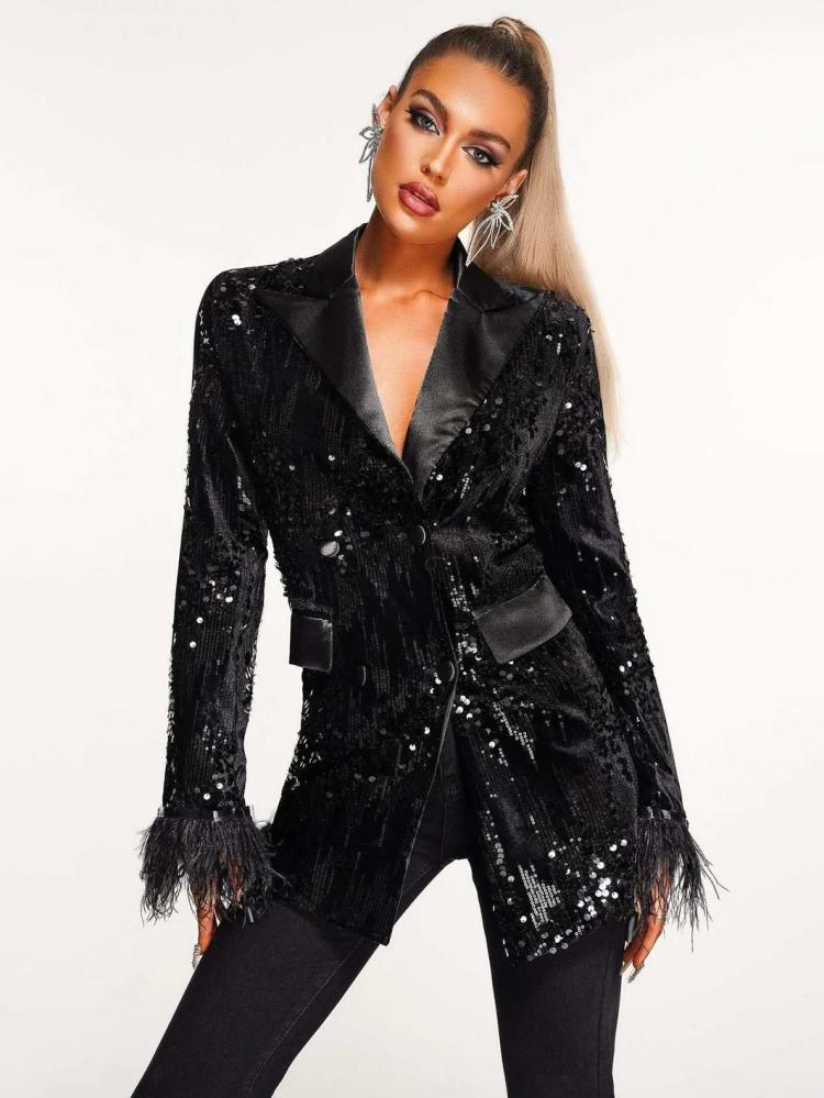 Outerwear |   Sequin Blazer Jacket Black Turndown Collar Long Sleeves Outerwear Clothing Outerwear