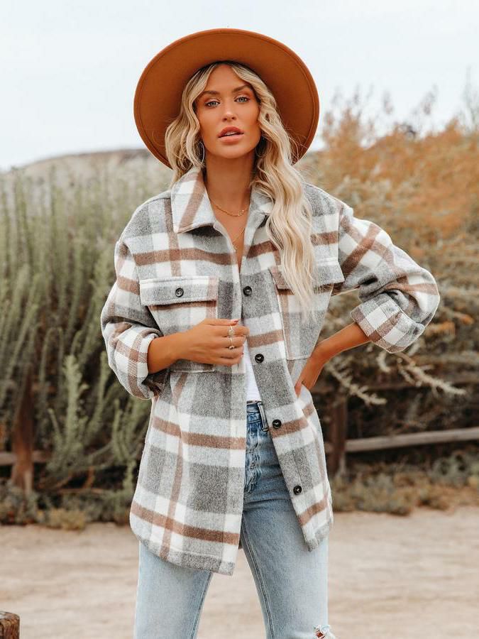 Outerwear |   Shacket Khaki Turndown Collar Button Plaid Overshirt Jacket Casual Relaxed Fit Spring Fall Outerwear For Women Clothing Outerwear