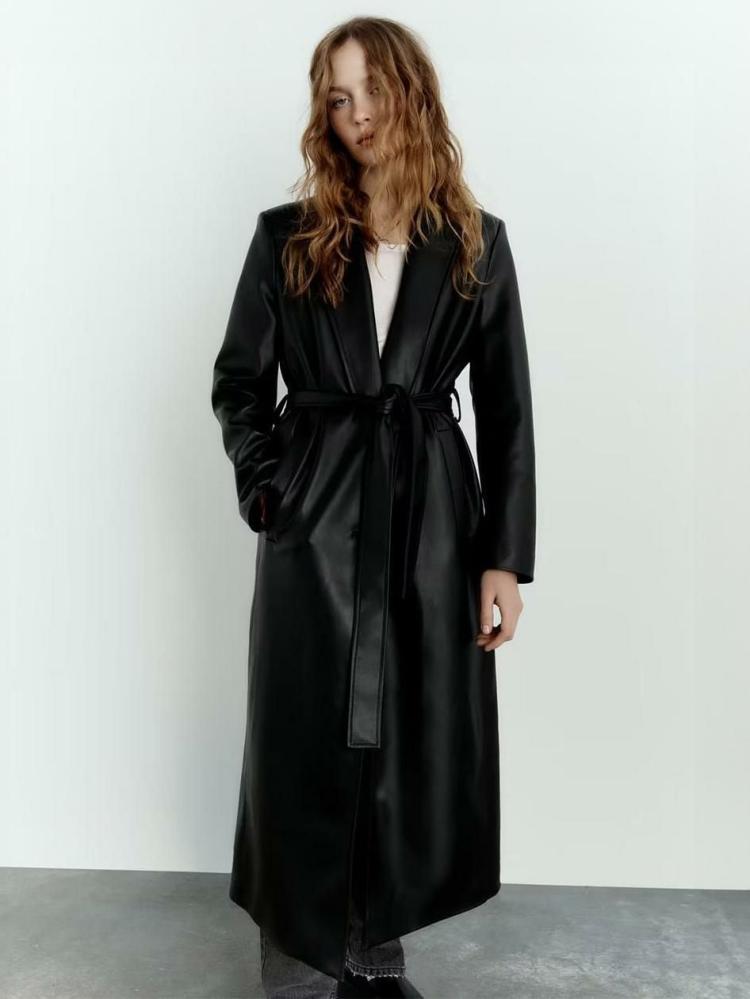 Outerwear |   Trench Coat For Woman Fashion PU Leather Turndown Collar Sash Long Sleeves Clothing Outerwear