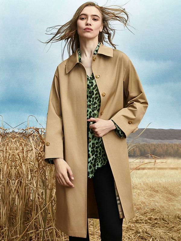 Outerwear |   Trench Coat For Woman Turndown Collar Long Sleeves Solid Color Outerwear Clothing Outerwear