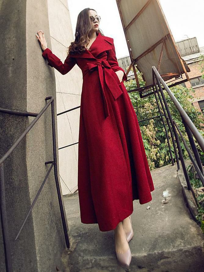 Outerwear |   Trench Coats For Woman Red V Neck Long Sleeves Sash Stretch Casual Spring Outerwear Clothing Outerwear