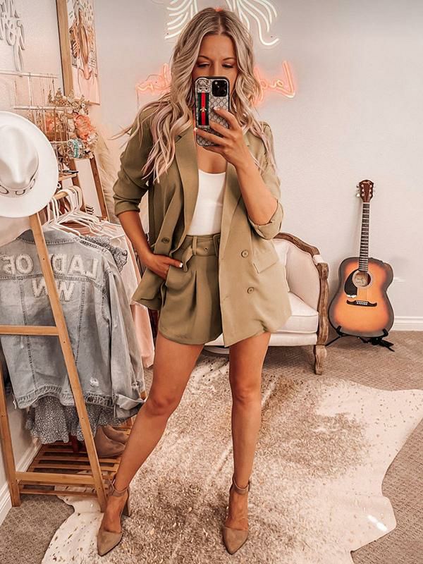 Outerwear |   Two Piece Suit Sage Solid Color Set Classic Blazer Jacket Belt Short Pants Turndown Collar Spring Fall Outfit For Women Clothing Outerwear