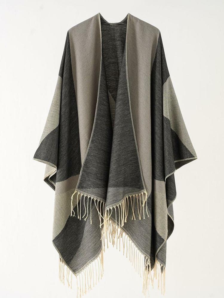 Outerwear |   Two-Tone Cape Daily Causal Poncho With Fringe Clothing Outerwear