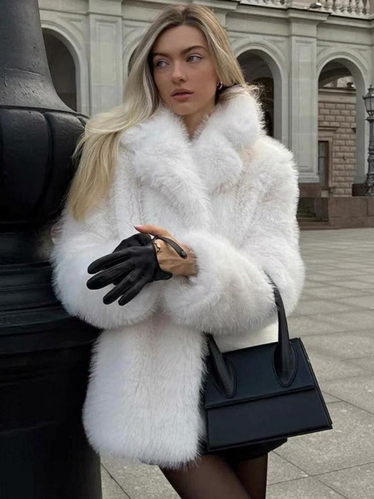 Outerwear |   White Oversized Faux Fur Coat Notched Lapel Long Sleeves Outerwear Clothing Outerwear