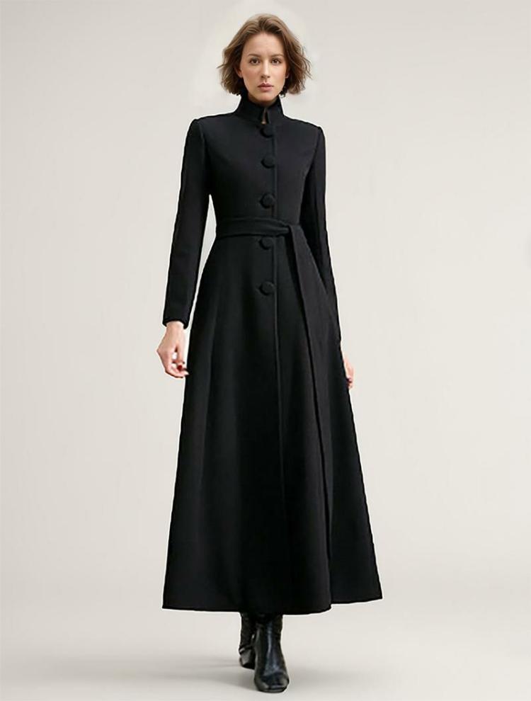 Outerwear |   Woman’s Outerwear Black Sash Winter Warm Wool Coat 2024 Clothing Outerwear