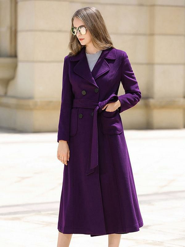 Outerwear |   Woman’s Wool Coat Purple Sash Winter Outerwear 2024 Clothing Outerwear