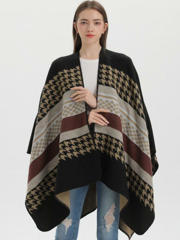 Outerwear |   Women Cape Plaid Color Block Daily Casual Fall Winter Poncho Clothing Outerwear