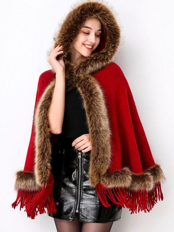 Outerwear |   Women Christmas Poncho Hooded Fringe Cape Winter Outerwear 2024 Clothing Outerwear