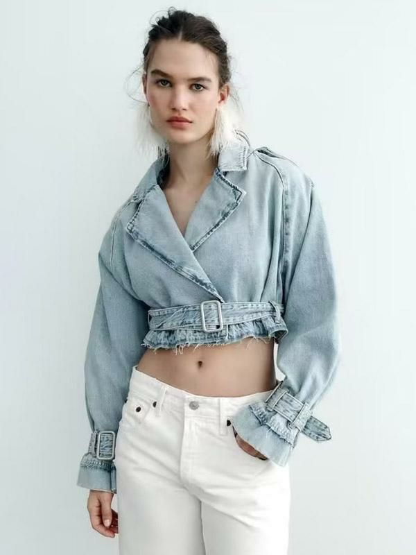 Outerwear |   Women Jacket Turndown Collar Sash Denim Clothing Outerwear