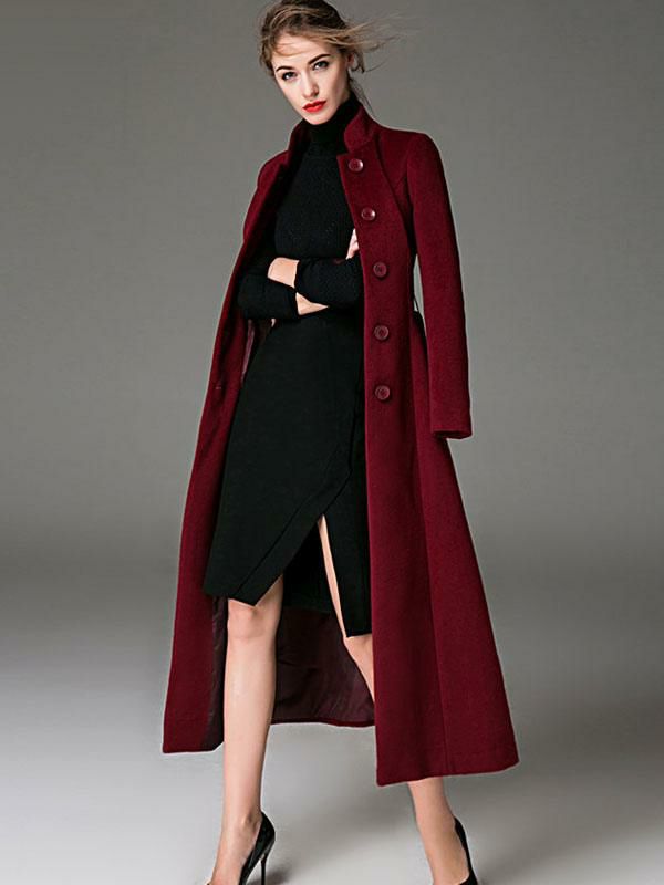 Outerwear |   Women Long Coat Burgundy Sash Winter Outerwear Clothing Outerwear