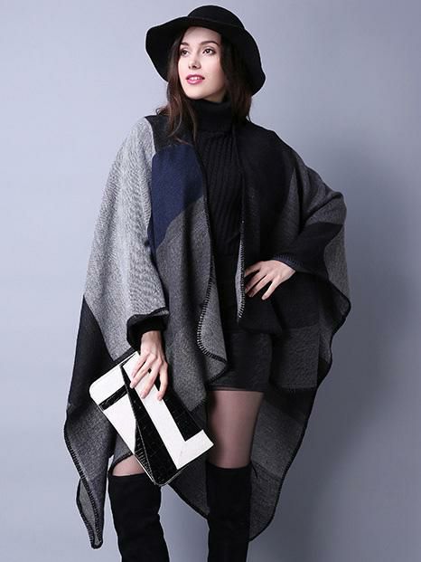 Outerwear |   Women Poncho Color Block Black Poncho Irregular Warmth-Preservation Oversized Piping Cape Clothing Outerwear