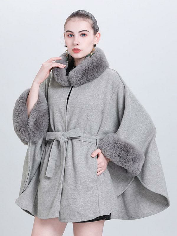 Outerwear |   Women Poncho High Collar Light Gray Oversized Faux Fur Cape Clothing Outerwear