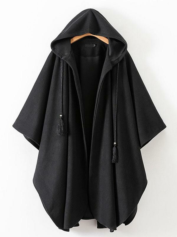 Outerwear |   Women Poncho Hooded Black Poncho Oversized Tassels Cape Clothing Outerwear