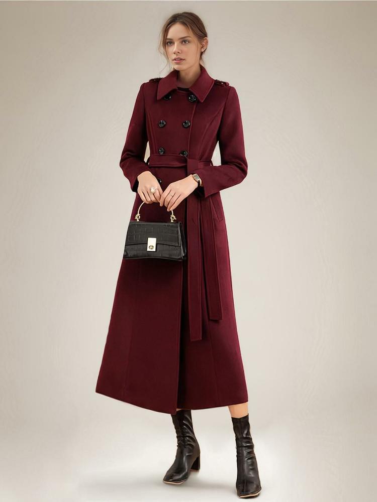 Outerwear |   Wool Blend Outerwear Double Breasted Belted Long Coat For Winter Clothing Outerwear