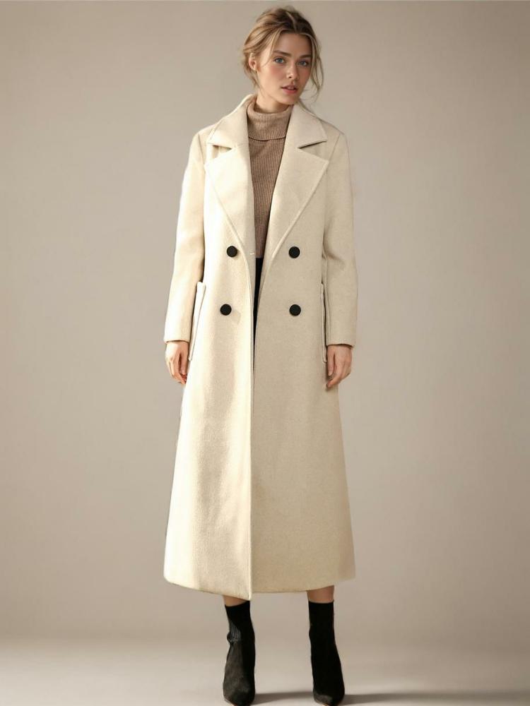 Outerwear |   Woolen Coat For Woman Turndown Collar White Winter Outerwear 2024 Clothing Outerwear