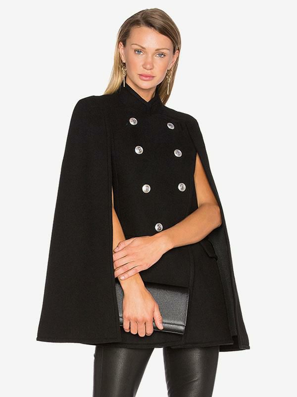 Outerwear |   Woolen Poncho Coat Stand Collar Double Breasted Women Cape Outerwear Clothing Outerwear