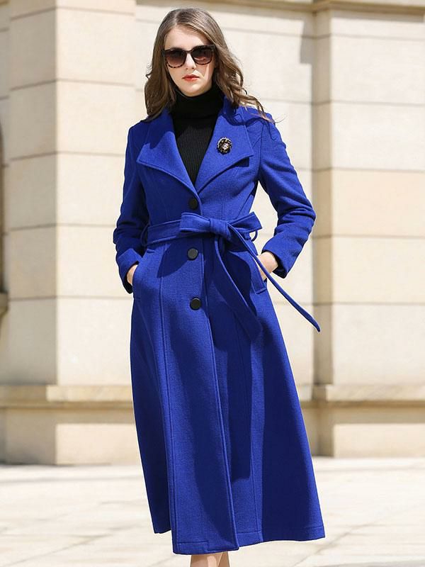 Outerwear |   Wrap Coat For Woman Royal Blue Sash Winter Woolen Outerwear 2024 Clothing Outerwear