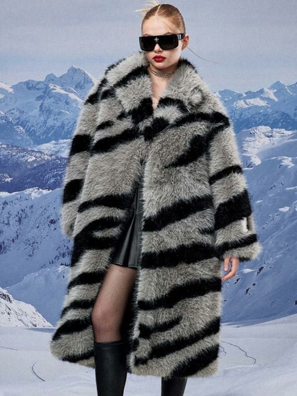 Outerwear |   Zebra Print Faux Fur Overcoat Turndown Collar Oversized Outerwear Clothing Outerwear