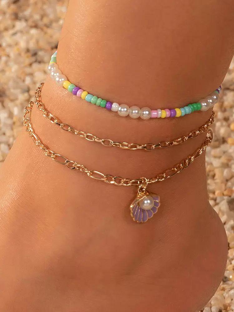 Swimsuits & Cover-Ups |   Anklet Colorful Beaded Shell Pearl Layered Beach Ankle Bracelet Clothing Swimsuits & Cover-Ups