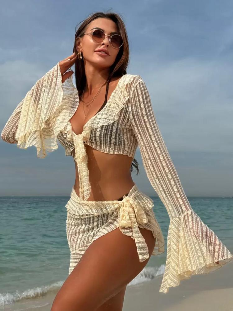 Swimsuits & Cover-Ups |   Bikini Swimsuit For Women Ecru White Knotted Layered Raised Waist Summer Sexy Swimming Suits Clothing Swimsuits & Cover-Ups