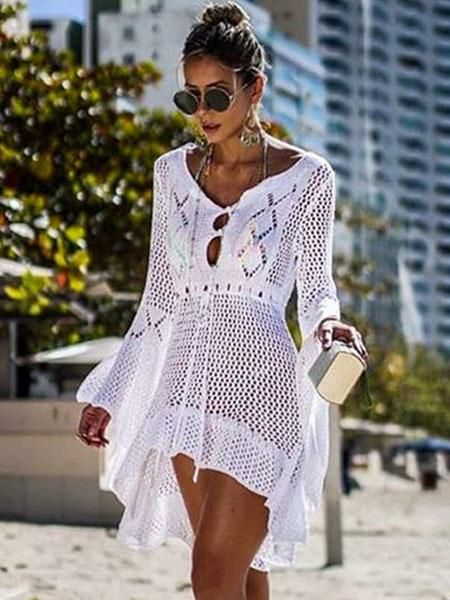 Swimsuits & Cover-Ups |   Crochet Cover Up Dress V Neck Long Sleeve Sheer Beach Dress Clothing Swimsuits & Cover-Ups