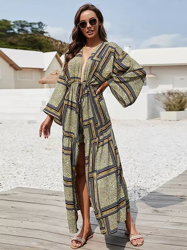 Swimsuits & Cover-Ups |   Geometrical Printed Cover Ups Belted Long Sleeves Resort Casual Wraps Clothing Swimsuits & Cover-Ups