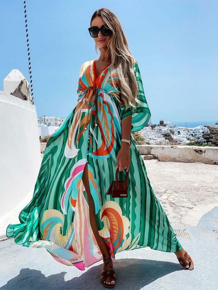 Swimsuits & Cover-Ups |   Long Dress V-Neck Batwing Bohemian Printed Beach Cover-Up For Women Clothing Swimsuits & Cover-Ups