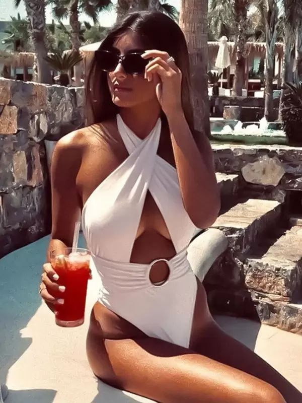 Swimsuits & Cover-Ups |   One Piece Swimsuits For Women White Grommets Designed Neckline Irregular Summer Sexy Bathing Suits Clothing Swimsuits & Cover-Ups