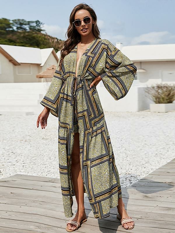 Swimsuits & Cover-Ups |   Oversized Cover Ups Print Belted Long Sleeves Lace up Beach Outfit Clothing Swimsuits & Cover-Ups