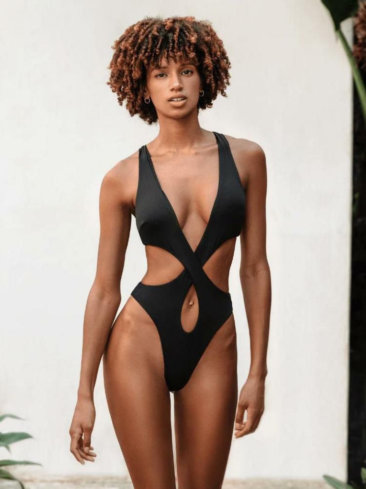 Swimsuits & Cover-Ups |   Sexy Hollow Plunge High Cut Ring Detail 1 Piece Swimsuit In Solid Color Clothing Swimsuits & Cover-Ups