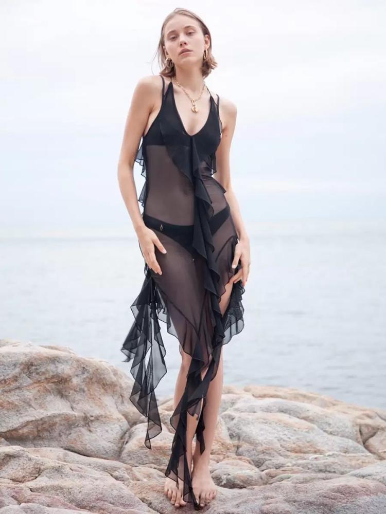 Swimsuits & Cover-Ups |   Translucent Black Cover Ups Ruffles Halter V-Neck Asymmetrical Beach Bathing Suits Clothing Swimsuits & Cover-Ups